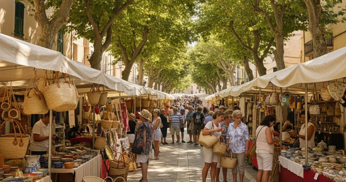 Traditional Mallorcan market with craft and wicker stalls under the trees